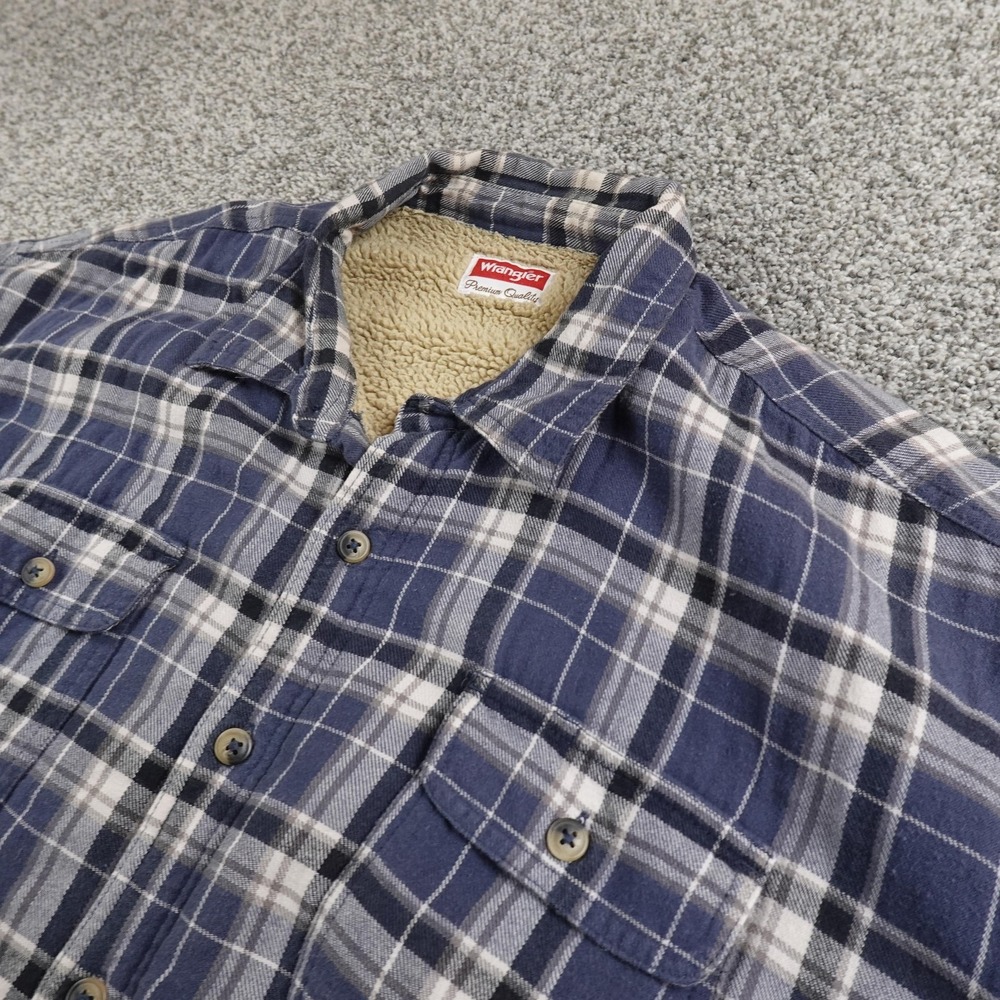 Wrangler Jacket Mens 3XL Blue Plaid Sherpa Lined Flannel Shirt Coat Warm Western
